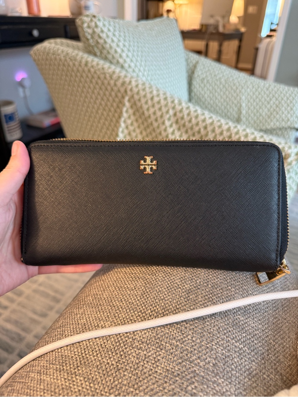 Tory Burch Black Leather Zip-Around Wallet with Gold Logo